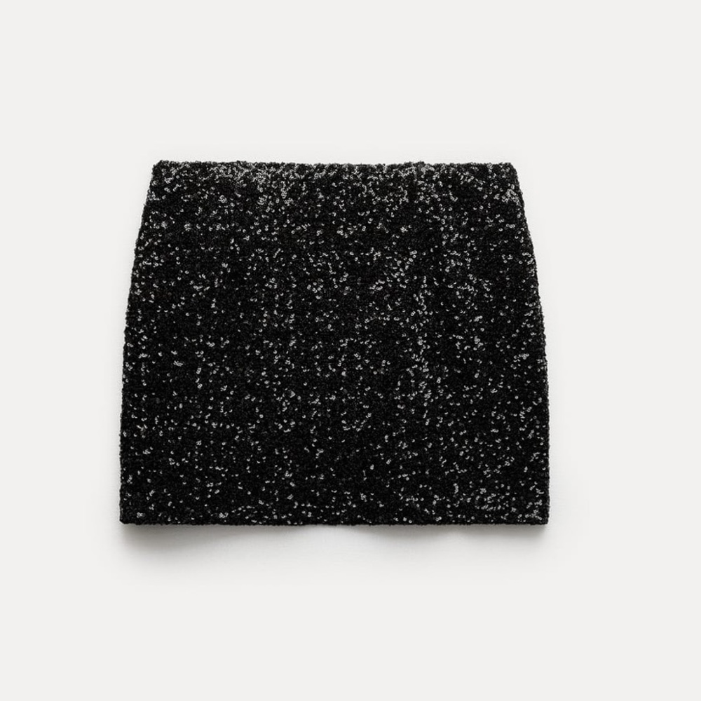 Zara Black Sequin Mini party Skirt mid waist Slit hem ZW Collection size S NWT - Picture 7 of 16